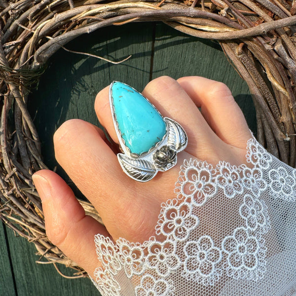 Turquoise Ring with a Rose and Leaves
