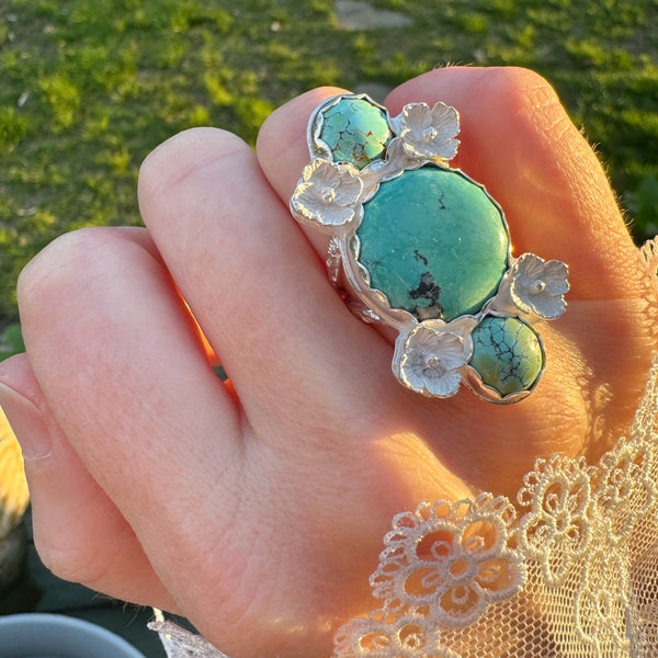 Turquoise Ring with Cosmo Flowers