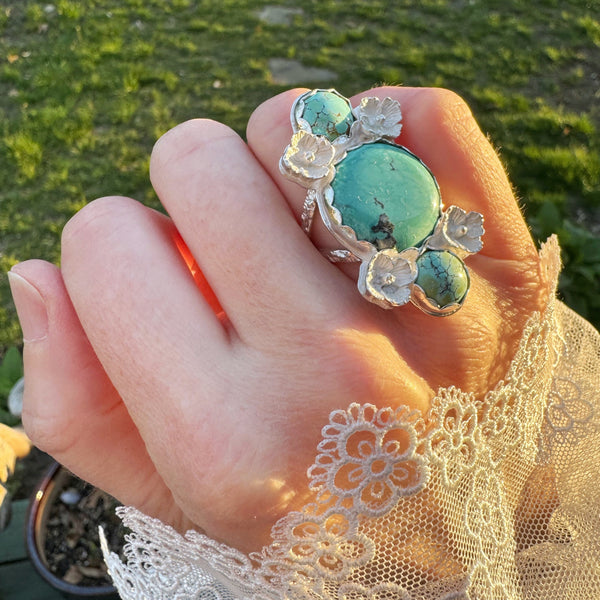 Turquoise Ring with Cosmo Flowers
