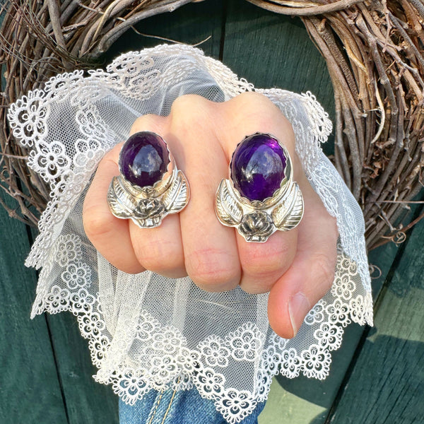 Amethyst Ring with a Rose and Leaves