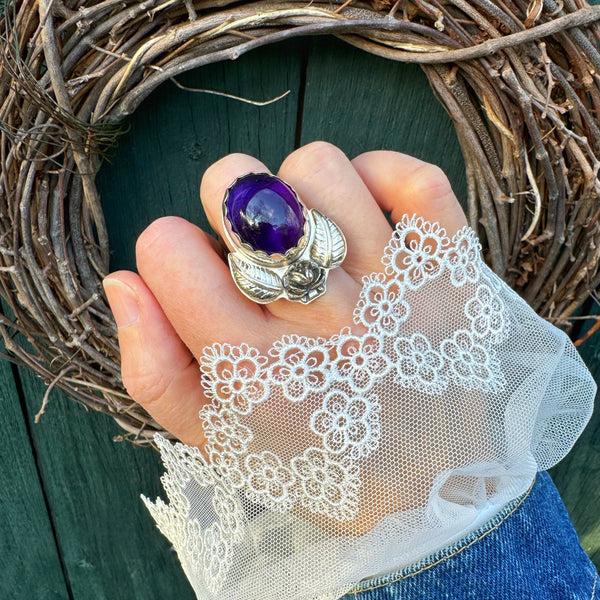 Amethyst Ring with a Rose and Leaves