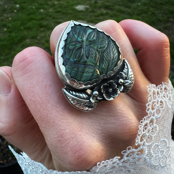 Labradorite Love Ring with Flowers
