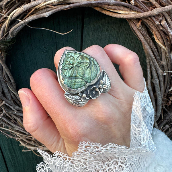 Labradorite Love Ring with Flowers