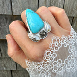 Turquoise Ring with a Rose and Leaves