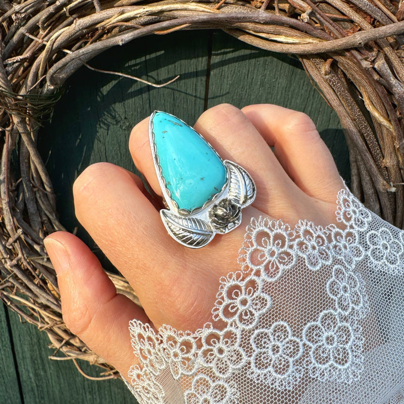 Turquoise Ring with a Rose and Leaves