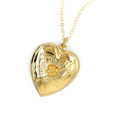 Gold heart-shaped pendant necklace with a daisy flower on a white background