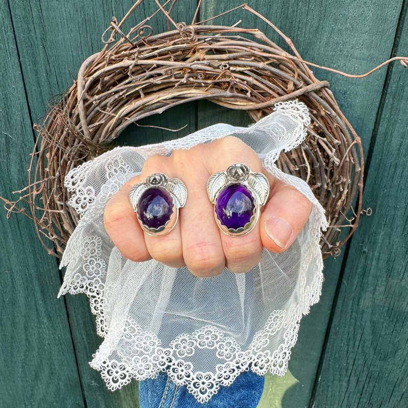 Amethyst Ring with a Rose and Leaves