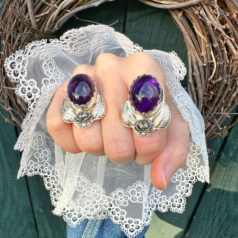 Amethyst Ring with a Rose and Leaves