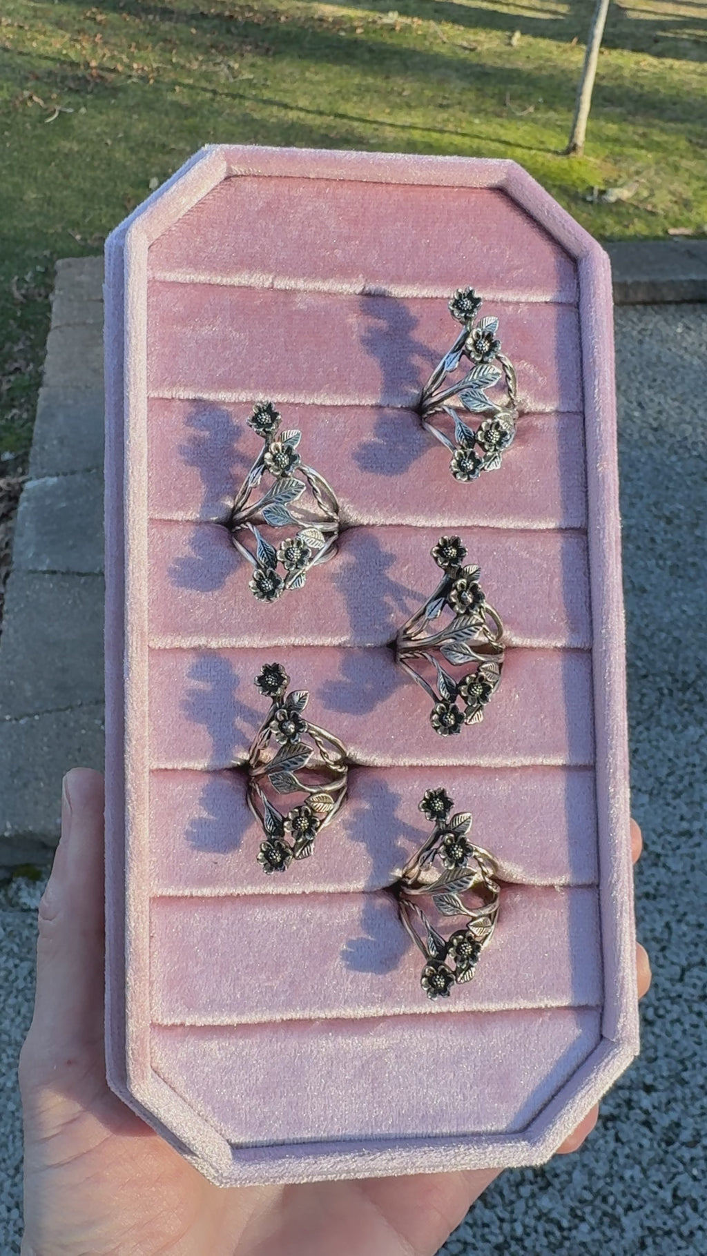 Five silver and bronze floral rings with blackened daisy flowers on a pink ring tray moving in the sun.