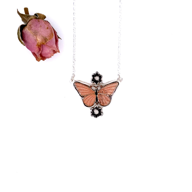 Orange Enamel Butterfly Pendant Necklace / Handmade by Ivry Belle Jewelry