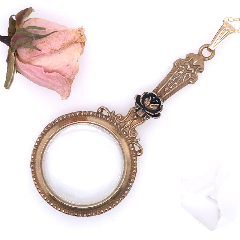 Floral Magnifying Glass Pendant with a Rose Necklace / Handmade by Ivry Belle Jewelry