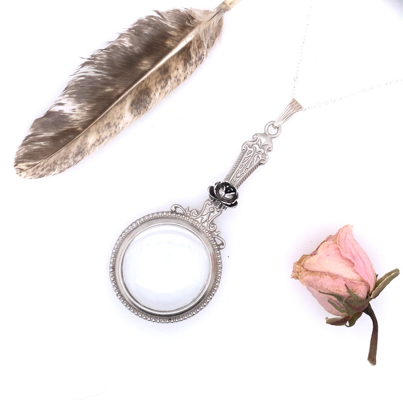 Floral Magnifying Glass Pendant with a Rose Necklace / Handmade by Ivry Belle Jewelry