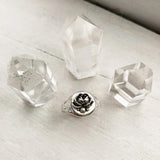 one sterling silver rose signet ring displayed by surrounding crystal towers on white background 